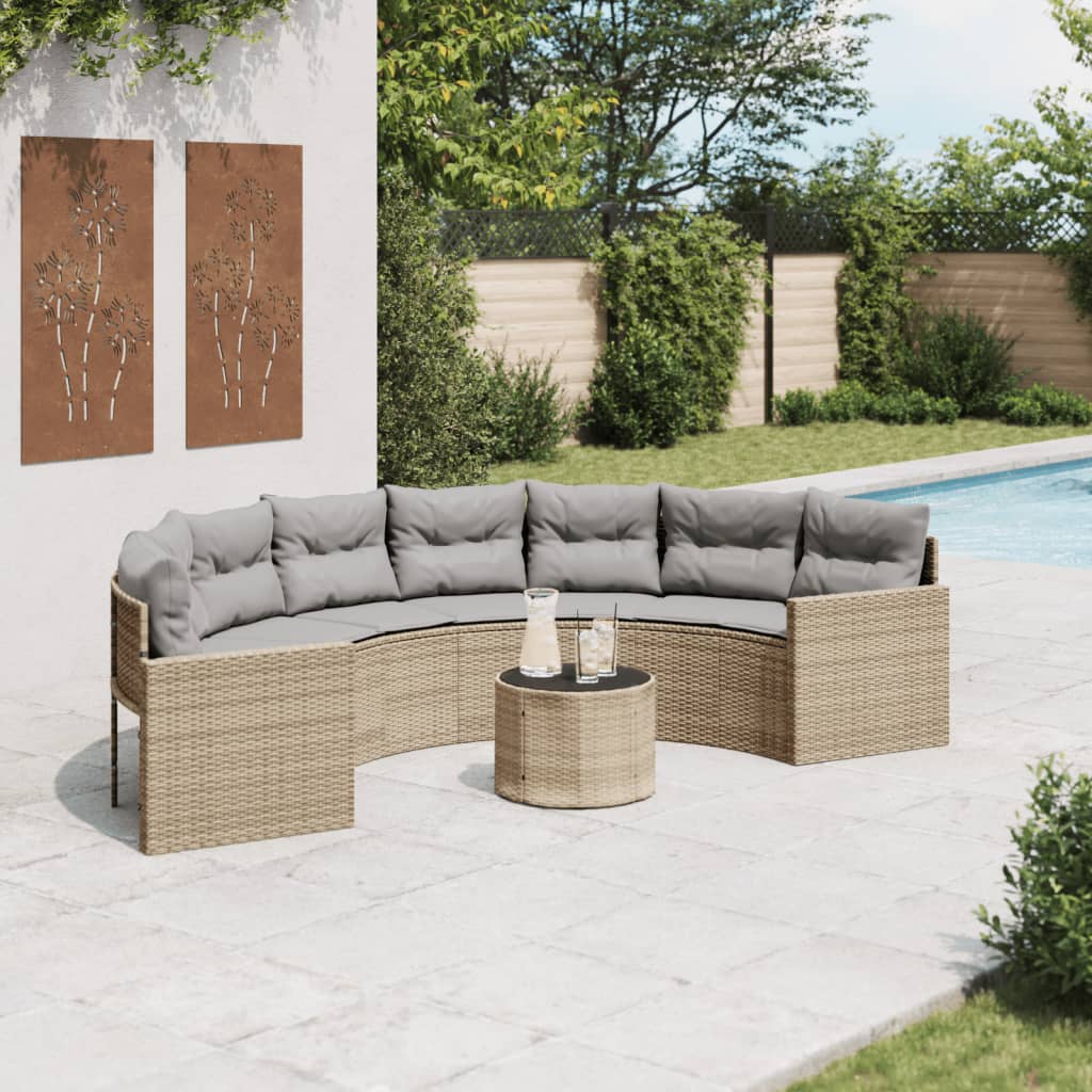 Tuinbank met tafel en kussens halfrond poly rattan beige is nu te koop bij PeponiXL, paradijselijk wonen!