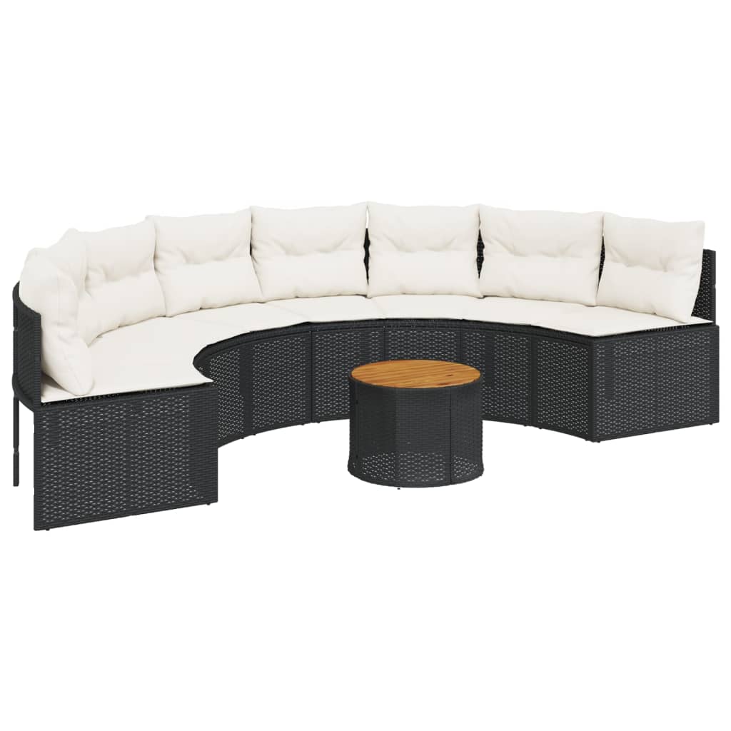 Tuinbank met tafel en kussens halfrond poly rattan zwart is nu te koop bij PeponiXL, paradijselijk wonen!