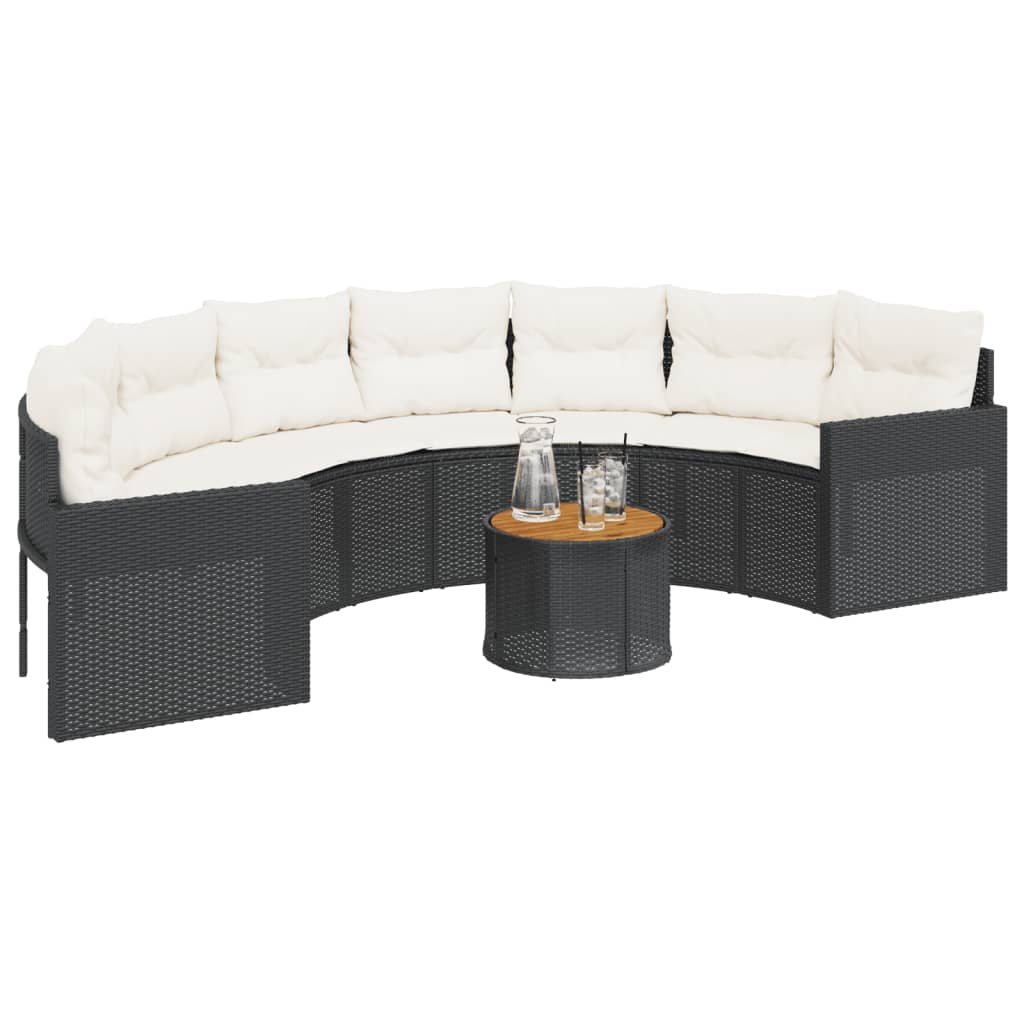 Tuinbank met tafel en kussens halfrond poly rattan zwart is nu te koop bij PeponiXL, paradijselijk wonen!