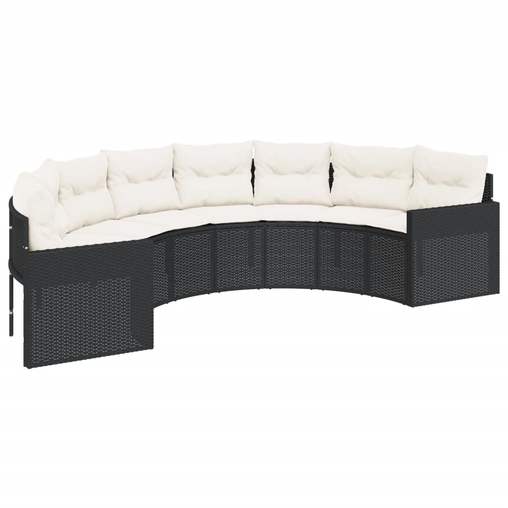 Tuinbank met tafel en kussens halfrond poly rattan zwart is nu te koop bij PeponiXL, paradijselijk wonen!