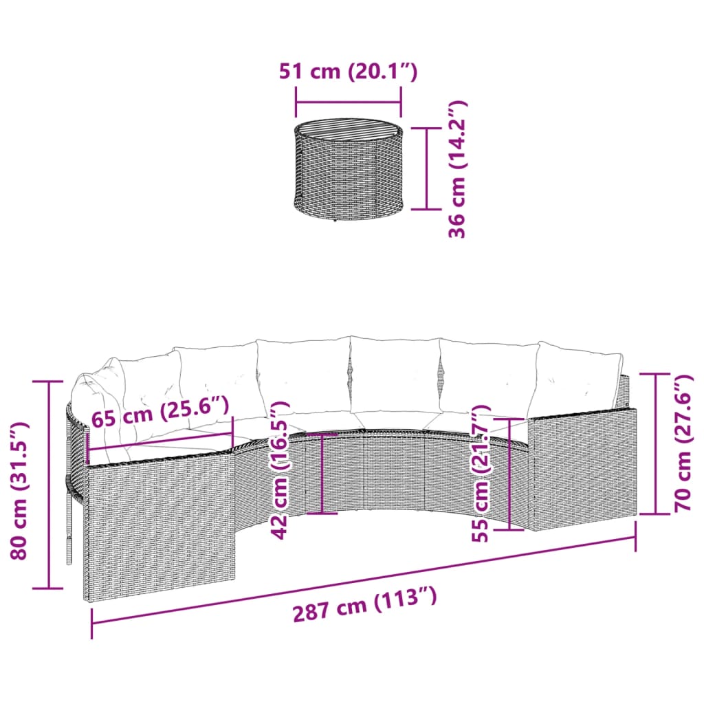 Tuinbank met tafel en kussens halfrond poly rattan zwart is nu te koop bij PeponiXL, paradijselijk wonen!
