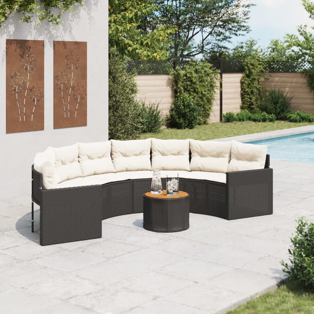 Tuinbank met tafel en kussens halfrond poly rattan zwart is nu te koop bij PeponiXL, paradijselijk wonen!