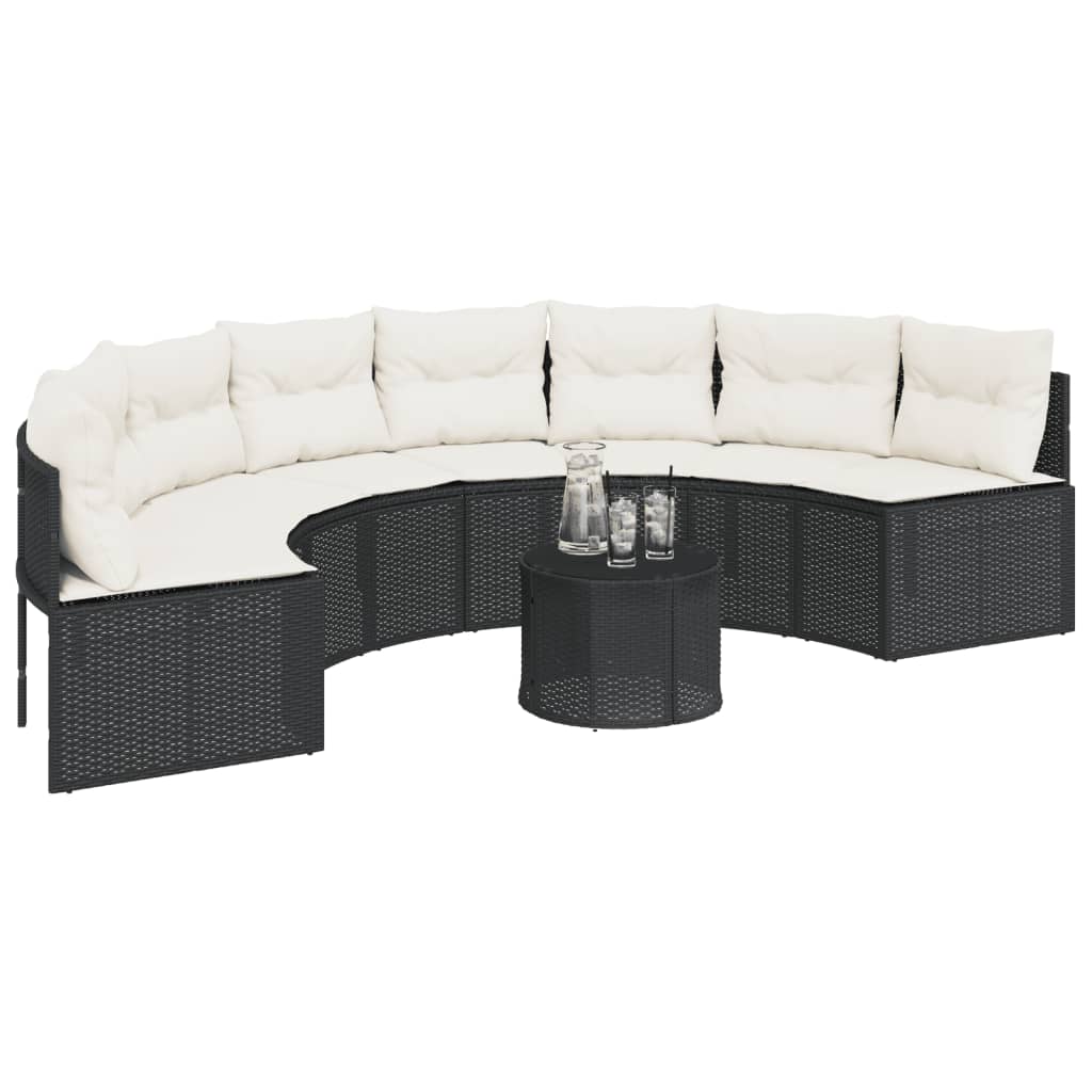 Tuinbank met kussens halfrond poly rattan zwart is nu te koop bij PeponiXL, paradijselijk wonen!
