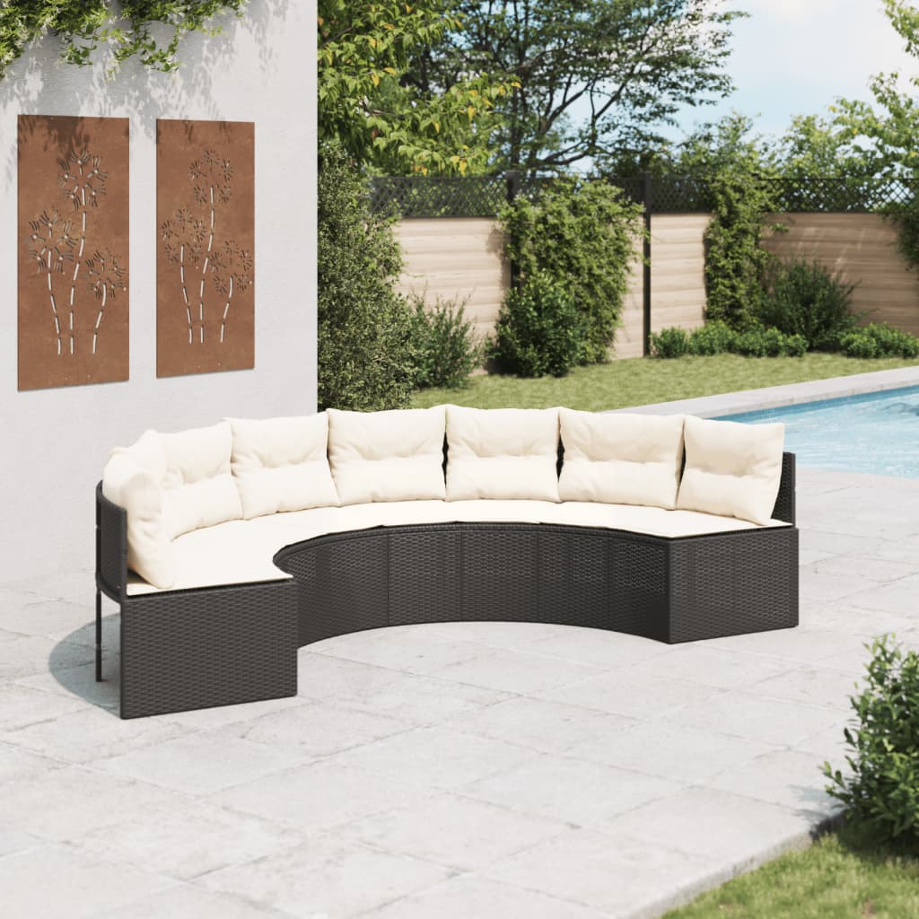 Tuinbank met kussens halfrond poly rattan zwart is nu te koop bij PeponiXL, paradijselijk wonen!