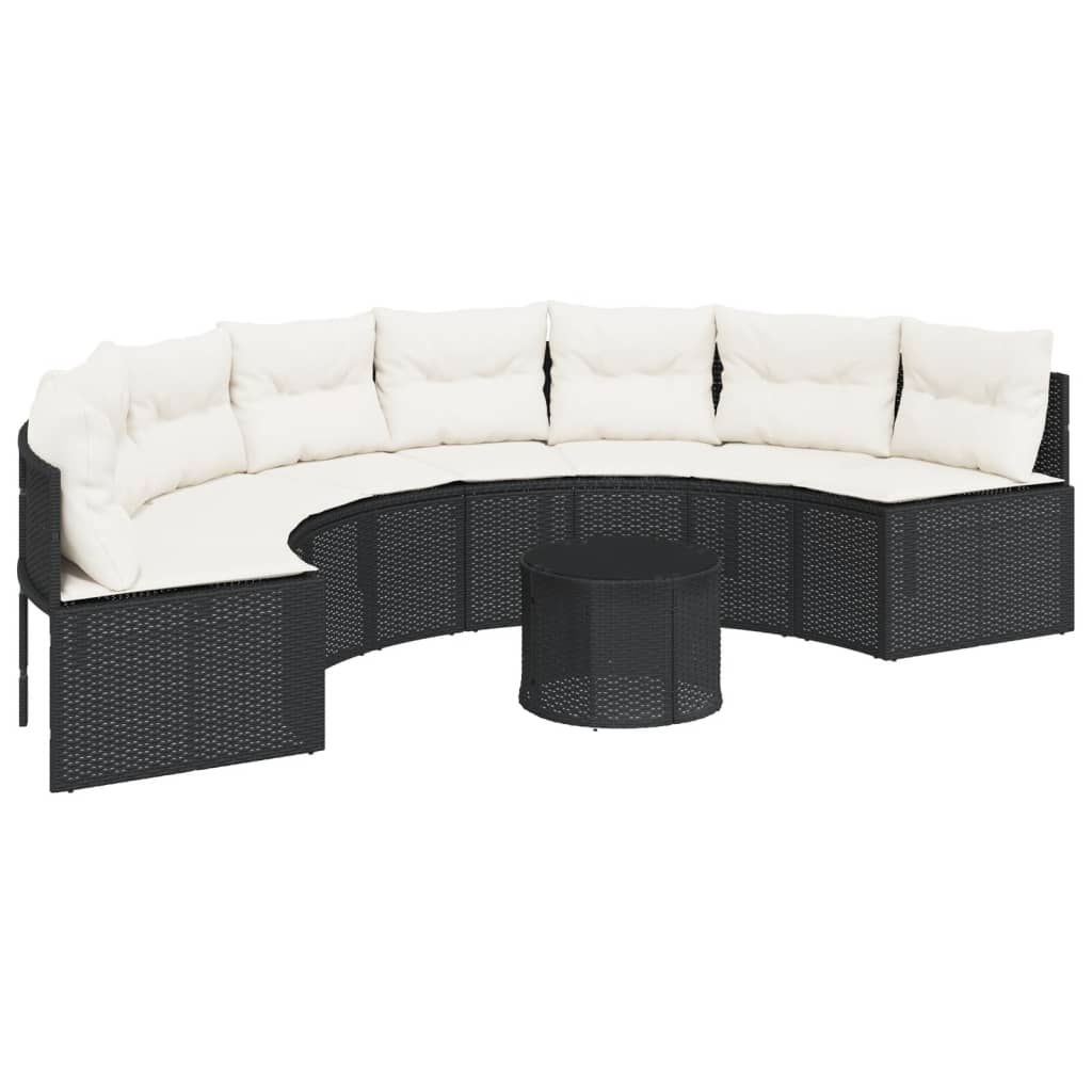 Tuinbank met tafel en kussens halfrond poly rattan zwart is nu te koop bij PeponiXL, paradijselijk wonen!