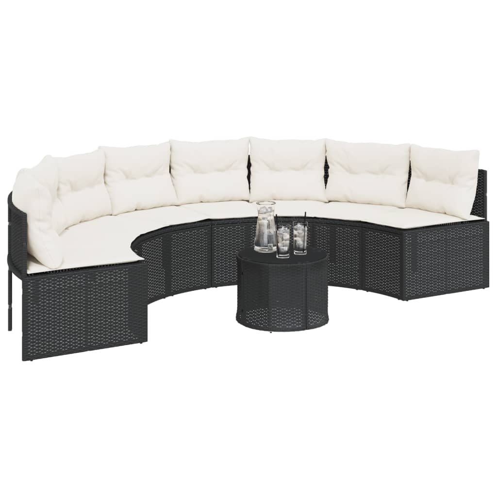 Tuinbank met tafel en kussens halfrond poly rattan zwart is nu te koop bij PeponiXL, paradijselijk wonen!