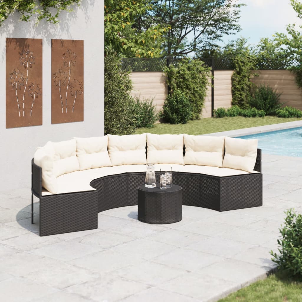 Tuinbank met tafel en kussens halfrond poly rattan zwart is nu te koop bij PeponiXL, paradijselijk wonen!