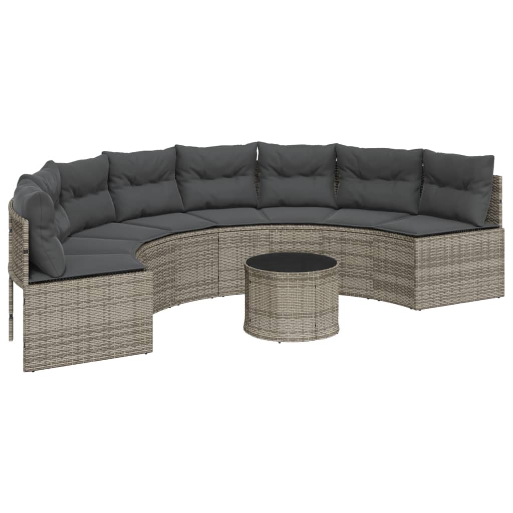 Tuinbank met tafel en kussens halfrond poly rattan grijs is nu te koop bij PeponiXL, paradijselijk wonen!