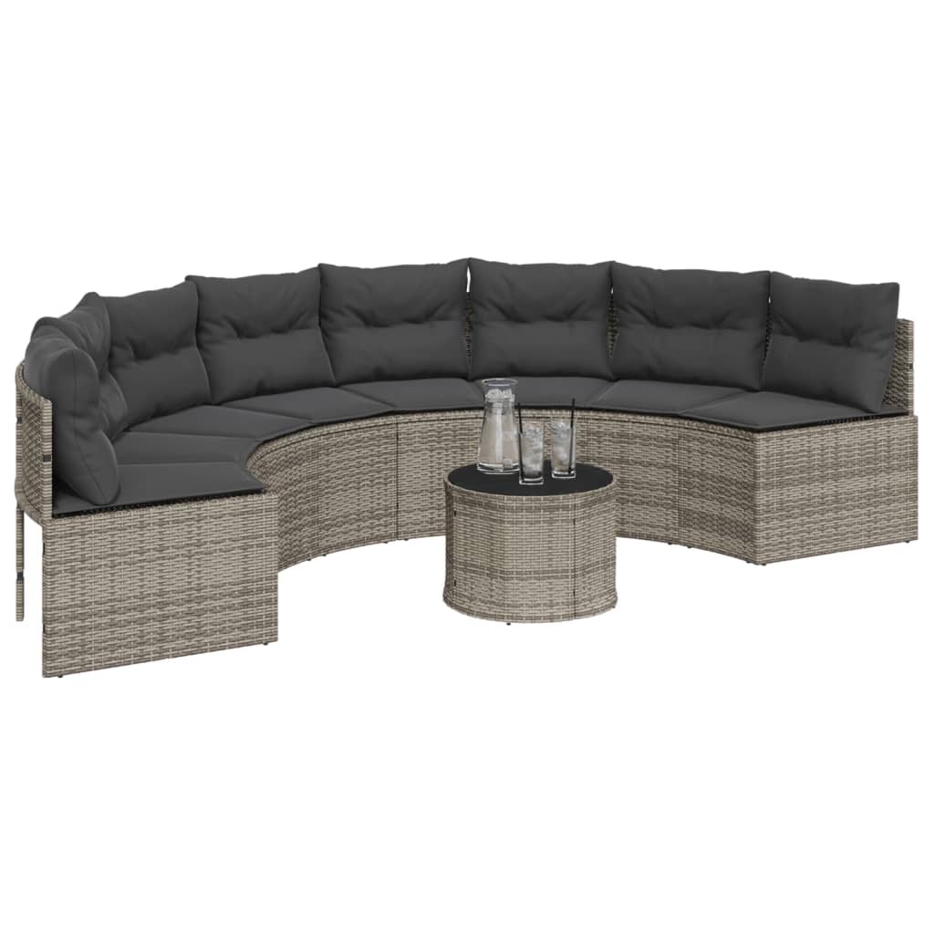 Tuinbank met tafel en kussens halfrond poly rattan grijs is nu te koop bij PeponiXL, paradijselijk wonen!