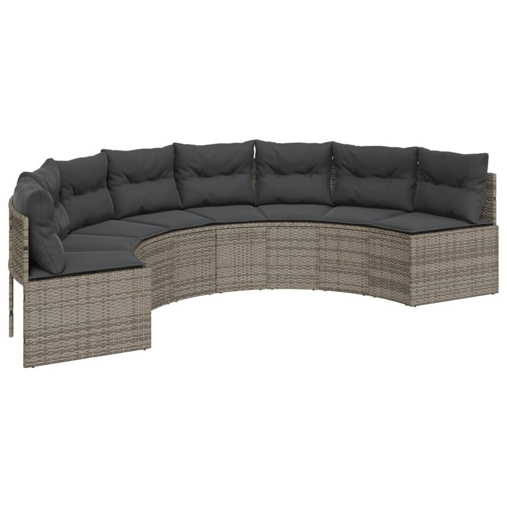 Tuinbank met tafel en kussens halfrond poly rattan grijs is nu te koop bij PeponiXL, paradijselijk wonen!
