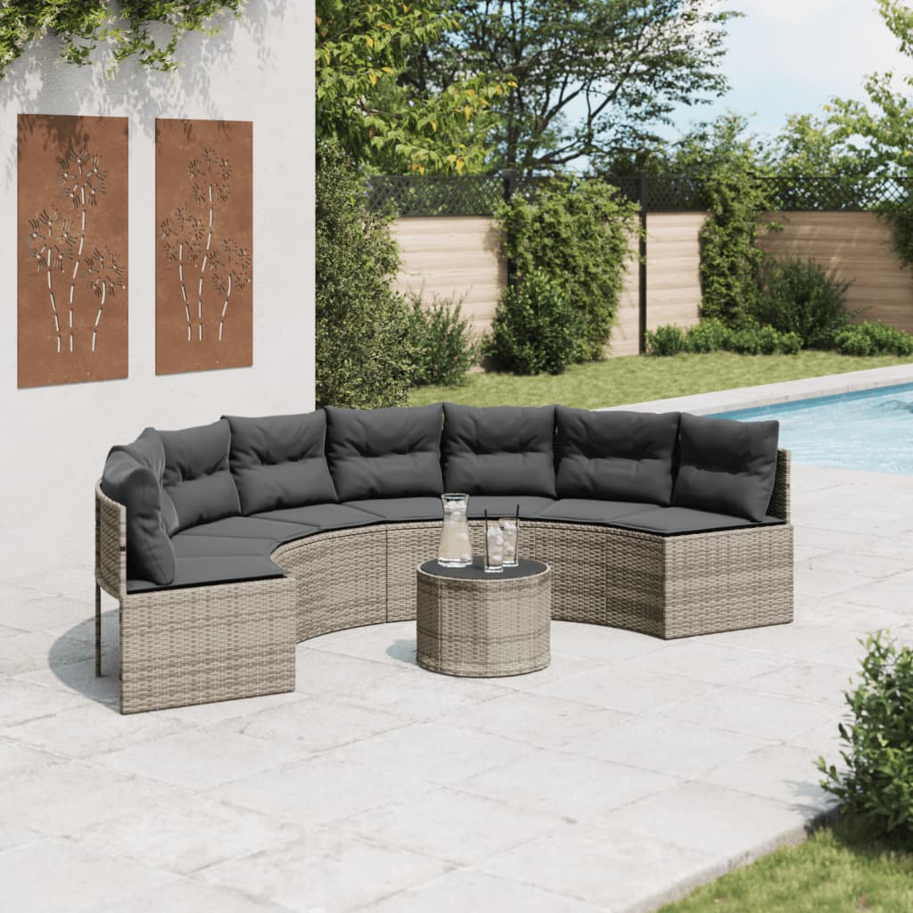 Tuinbank met tafel en kussens halfrond poly rattan grijs is nu te koop bij PeponiXL, paradijselijk wonen!