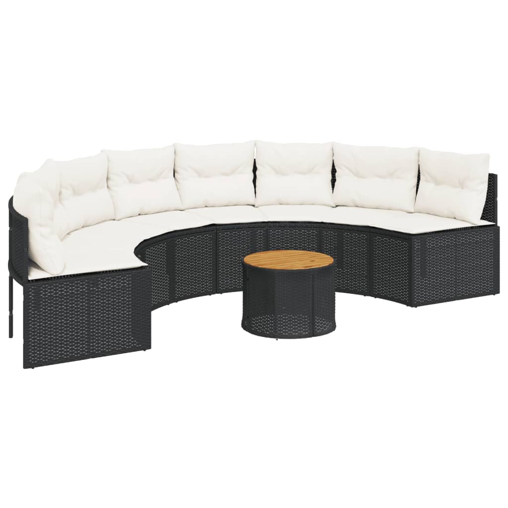 Tuinbank met tafel en kussens halfrond poly rattan zwart is nu te koop bij PeponiXL, paradijselijk wonen!
