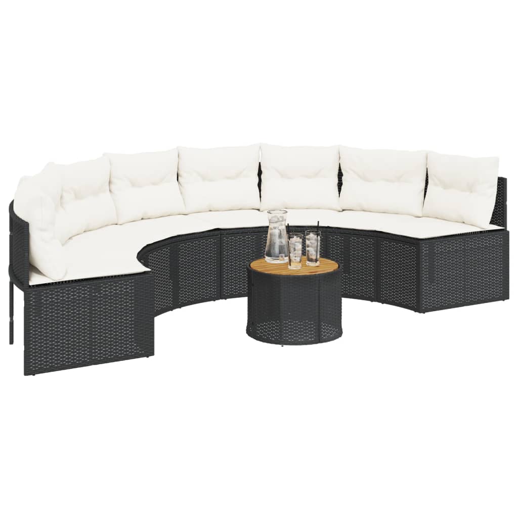 Tuinbank met tafel en kussens halfrond poly rattan zwart is nu te koop bij PeponiXL, paradijselijk wonen!