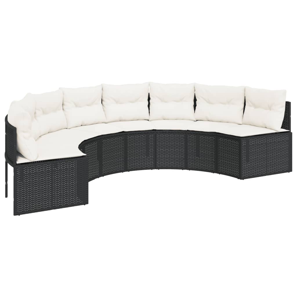 Tuinbank met tafel en kussens halfrond poly rattan zwart is nu te koop bij PeponiXL, paradijselijk wonen!