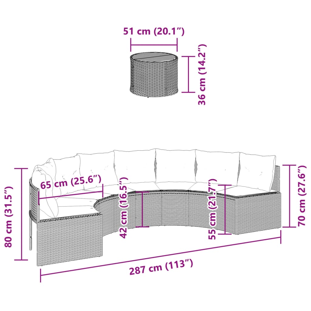 Tuinbank met tafel en kussens halfrond poly rattan zwart is nu te koop bij PeponiXL, paradijselijk wonen!