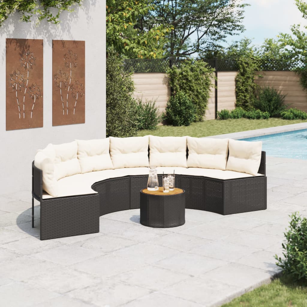 Tuinbank met tafel en kussens halfrond poly rattan zwart is nu te koop bij PeponiXL, paradijselijk wonen!
