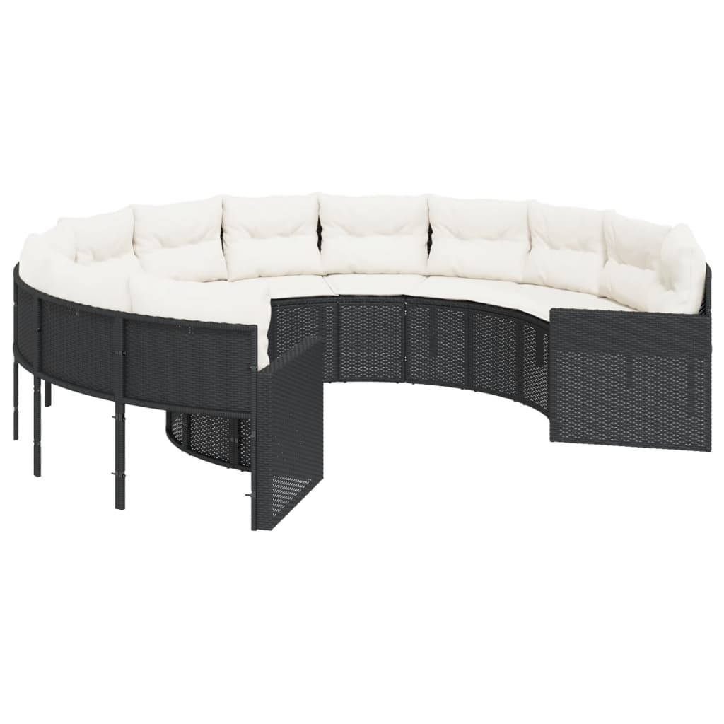 Tuinbank met kussens rond poly rattan zwart is nu te koop bij PeponiXL, paradijselijk wonen!
