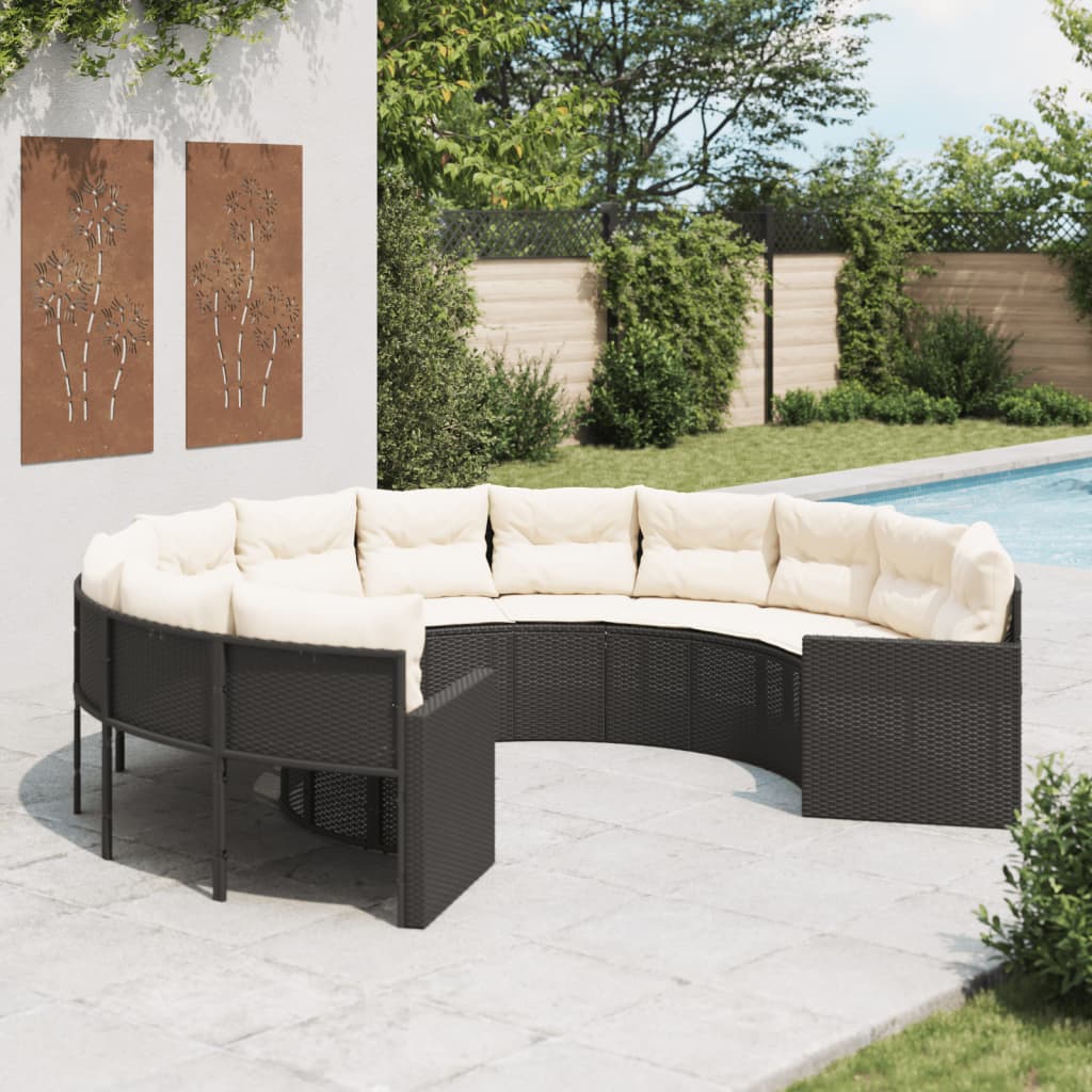Tuinbank met kussens rond poly rattan zwart is nu te koop bij PeponiXL, paradijselijk wonen!