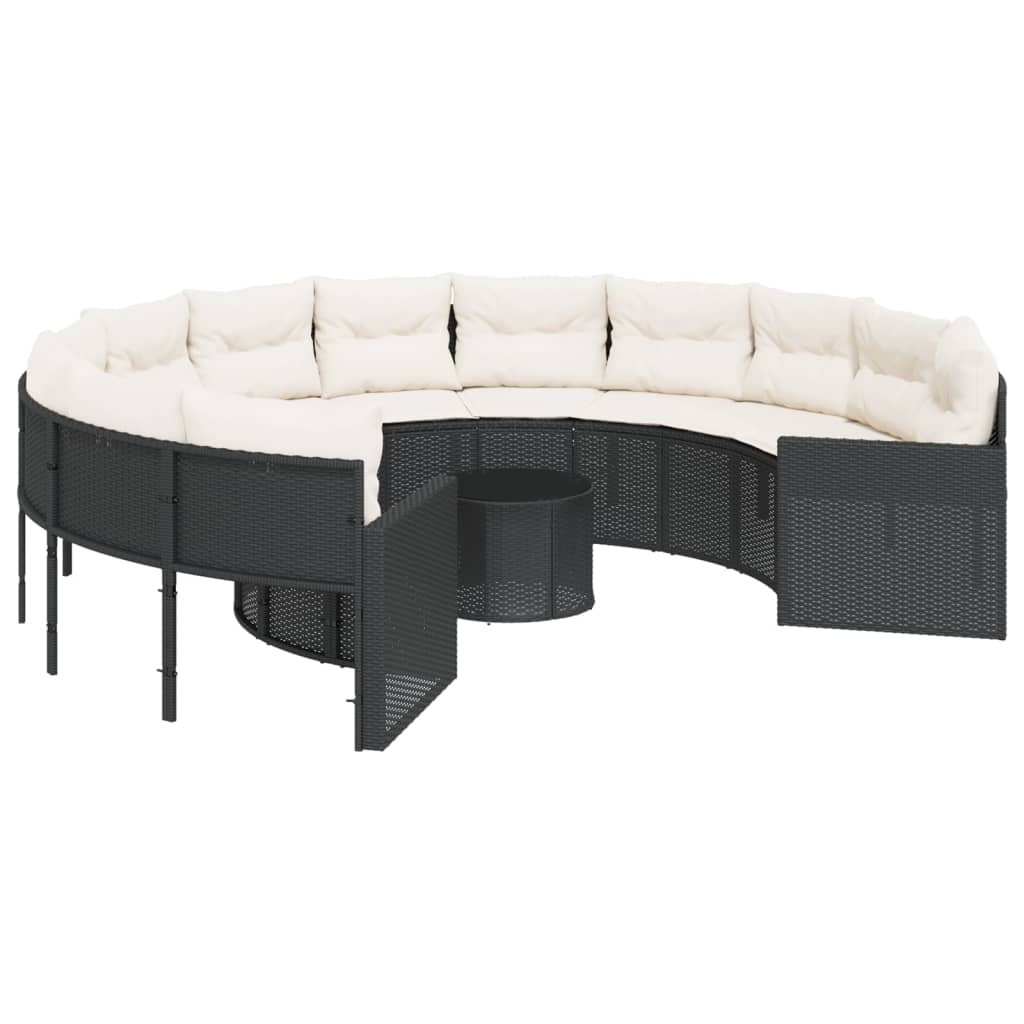 Tuinbank met tafel en kussens rond poly rattan zwart is nu te koop bij PeponiXL, paradijselijk wonen!