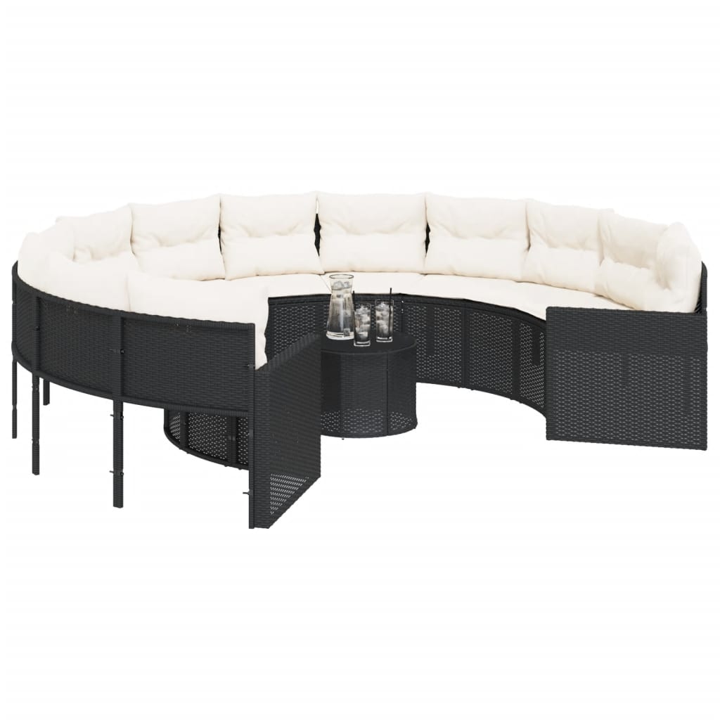 Tuinbank met tafel en kussens rond poly rattan zwart is nu te koop bij PeponiXL, paradijselijk wonen!