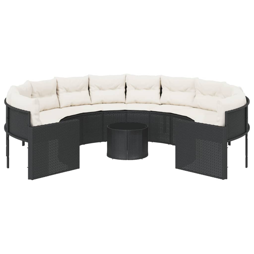Tuinbank met tafel en kussens rond poly rattan zwart is nu te koop bij PeponiXL, paradijselijk wonen!