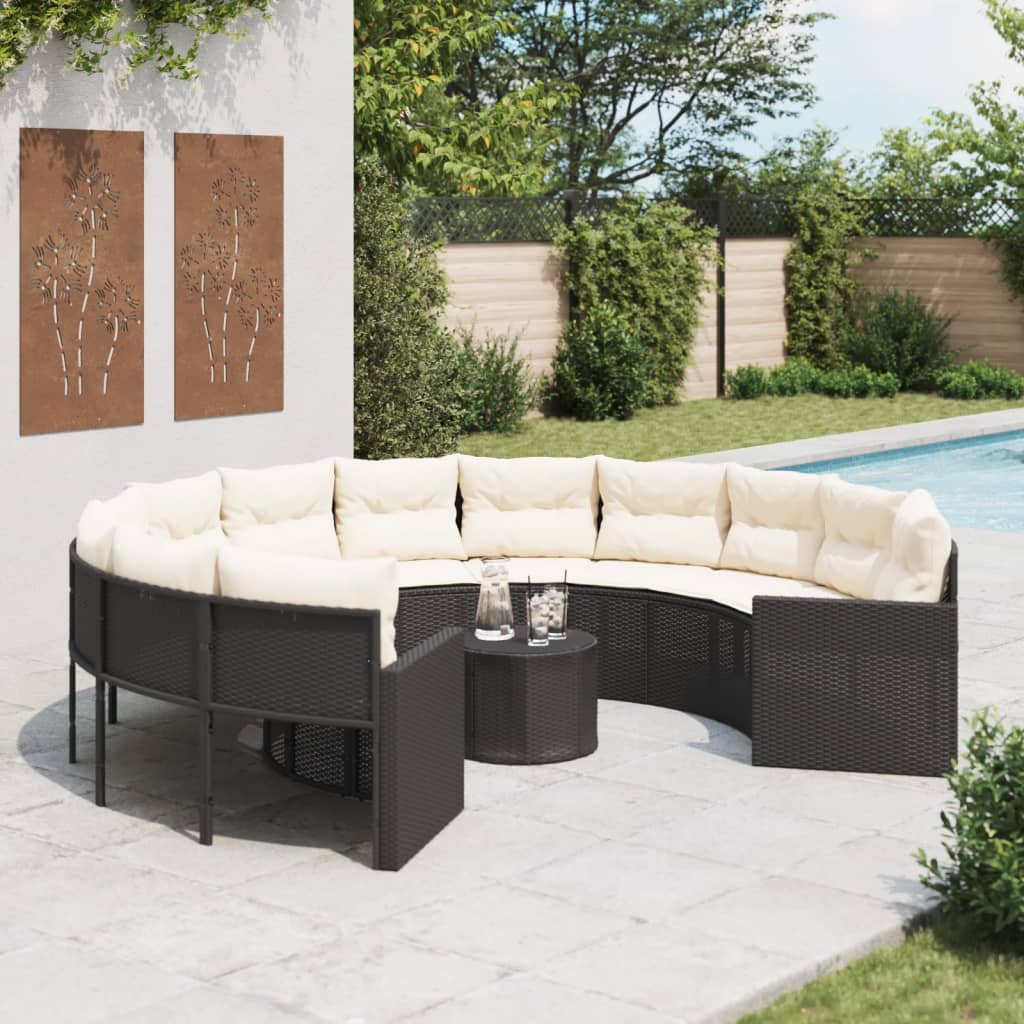 Tuinbank met tafel en kussens rond poly rattan zwart is nu te koop bij PeponiXL, paradijselijk wonen!