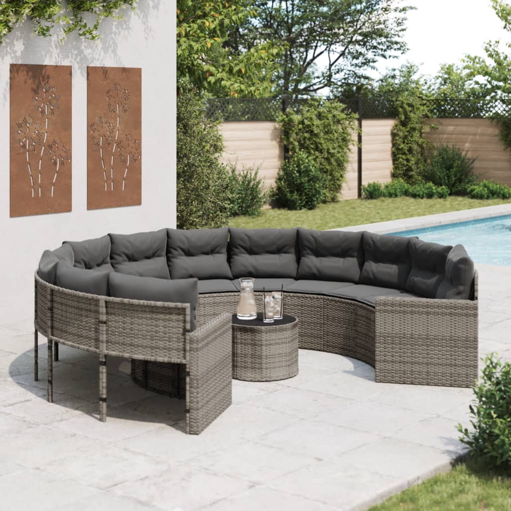 Tuinbank met tafel en kussens rond poly rattan grijs is nu te koop bij PeponiXL, paradijselijk wonen!