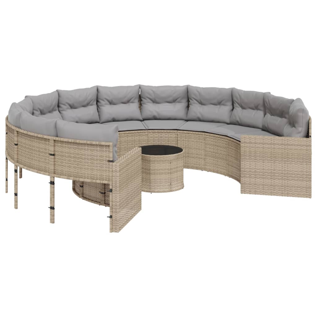 Tuinbank met tafel en kussens rond poly rattan beige is nu te koop bij PeponiXL, paradijselijk wonen!