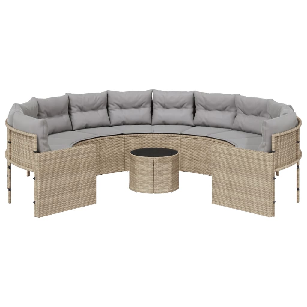 Tuinbank met tafel en kussens rond poly rattan beige is nu te koop bij PeponiXL, paradijselijk wonen!
