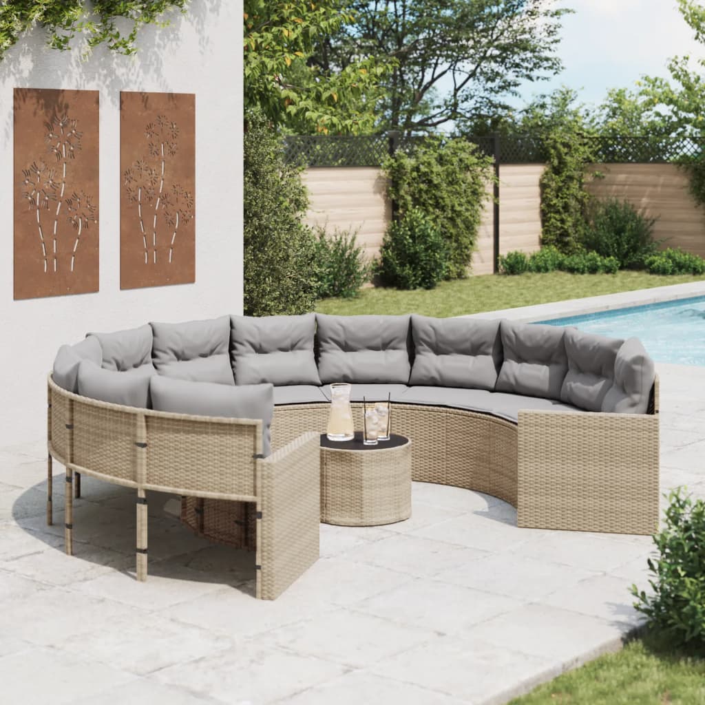 Tuinbank met tafel en kussens rond poly rattan beige is nu te koop bij PeponiXL, paradijselijk wonen!