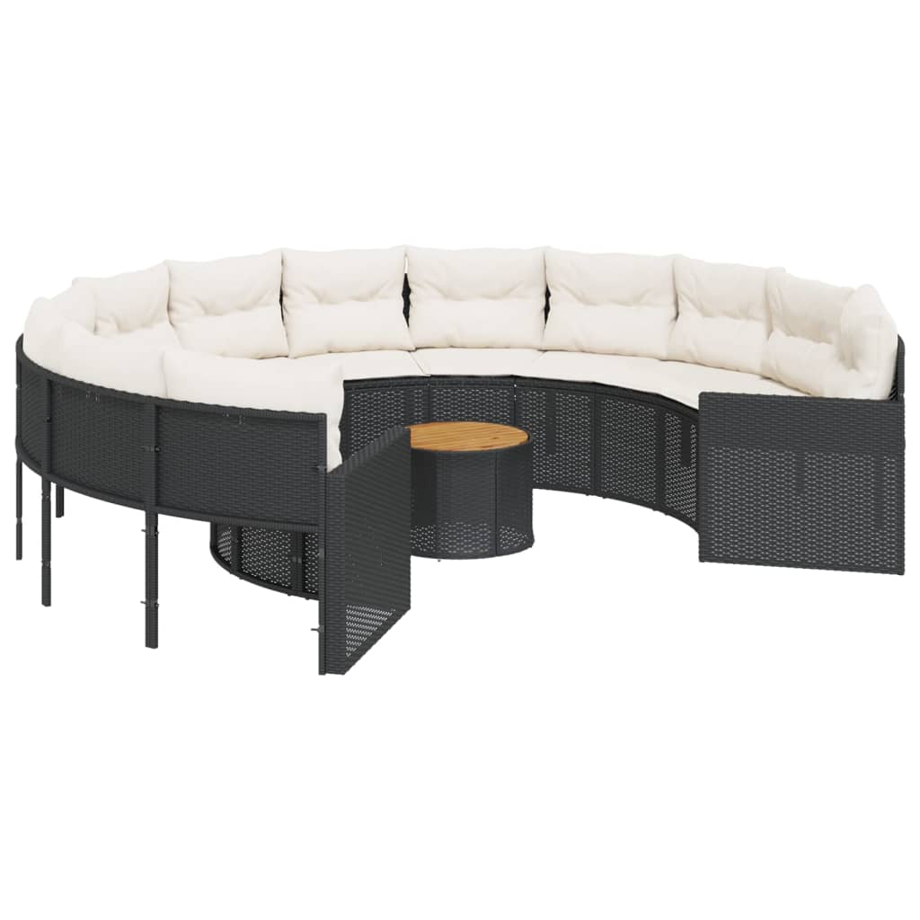 Tuinbank met tafel en kussens rond poly rattan zwart is nu te koop bij PeponiXL, paradijselijk wonen!
