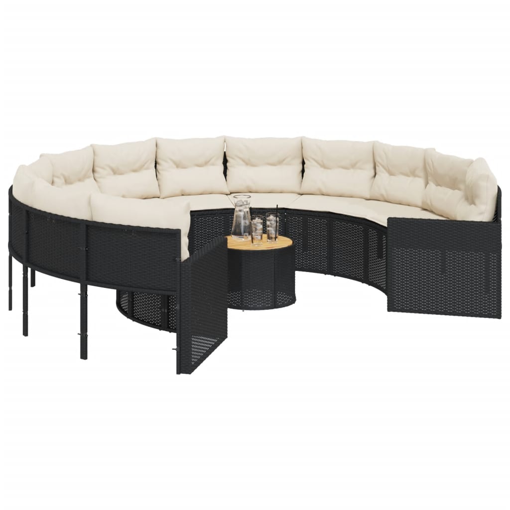 Tuinbank met tafel en kussens rond poly rattan zwart is nu te koop bij PeponiXL, paradijselijk wonen!