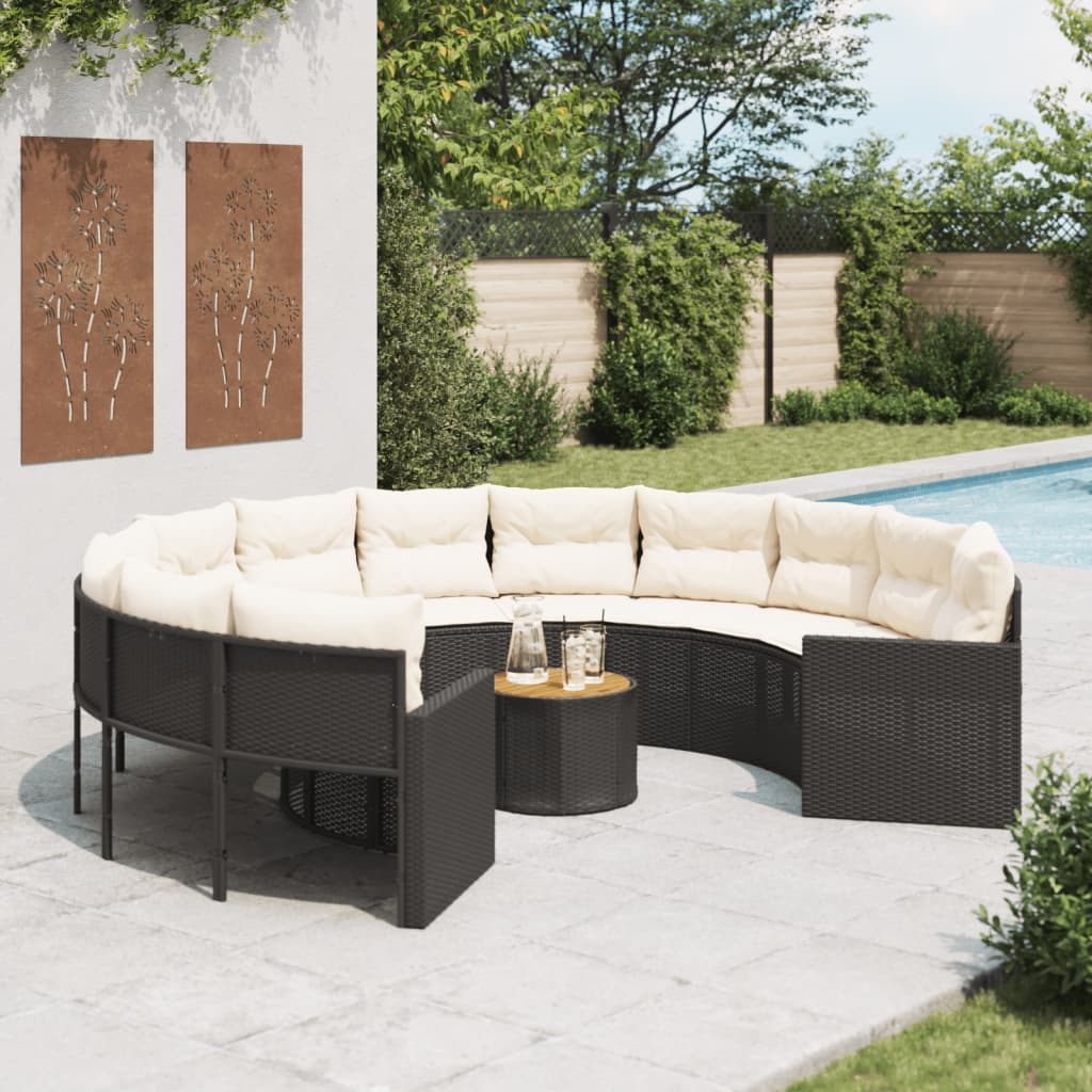 Tuinbank met tafel en kussens rond poly rattan zwart is nu te koop bij PeponiXL, paradijselijk wonen!