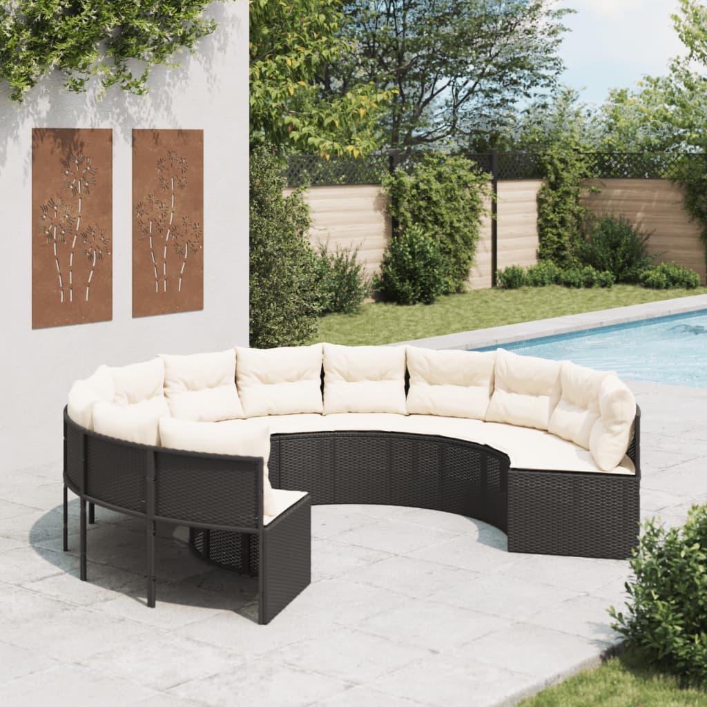Tuinbank met kussens rond poly rattan zwart is nu te koop bij PeponiXL, paradijselijk wonen!