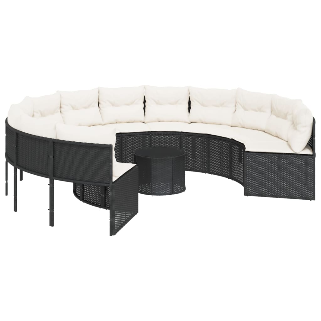 Tuinbank met tafel en kussens rond poly rattan zwart is nu te koop bij PeponiXL, paradijselijk wonen!
