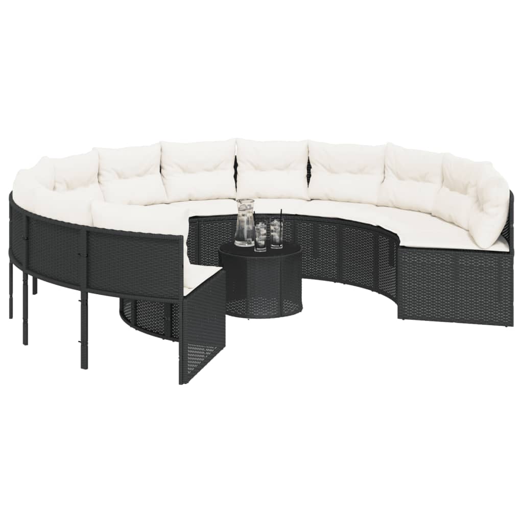 Tuinbank met tafel en kussens rond poly rattan zwart is nu te koop bij PeponiXL, paradijselijk wonen!