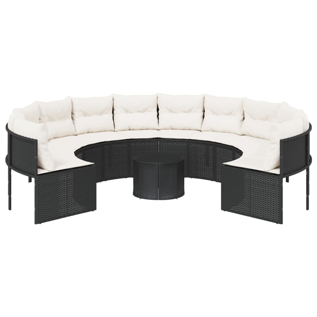 Tuinbank met tafel en kussens rond poly rattan zwart is nu te koop bij PeponiXL, paradijselijk wonen!