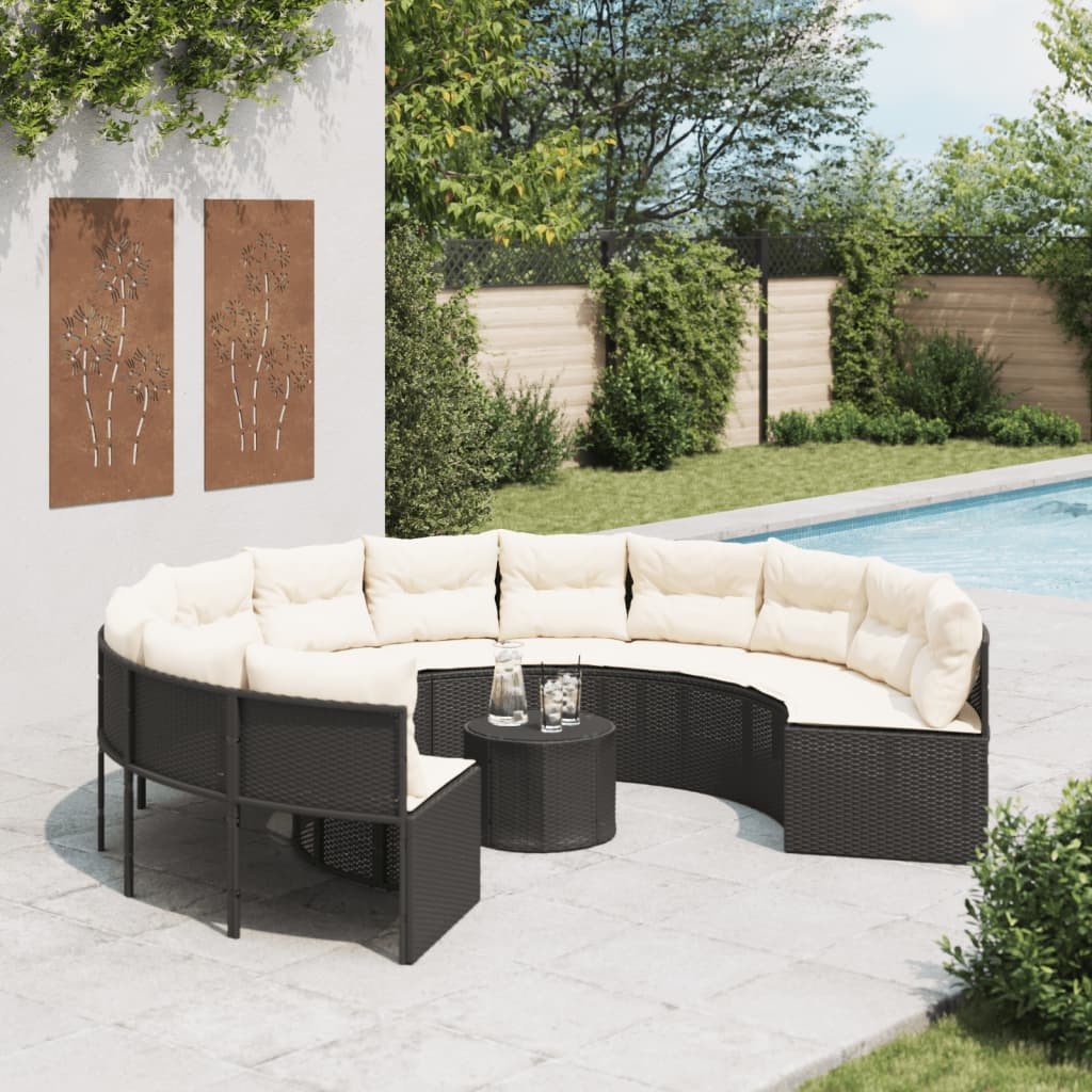 Tuinbank met tafel en kussens rond poly rattan zwart is nu te koop bij PeponiXL, paradijselijk wonen!