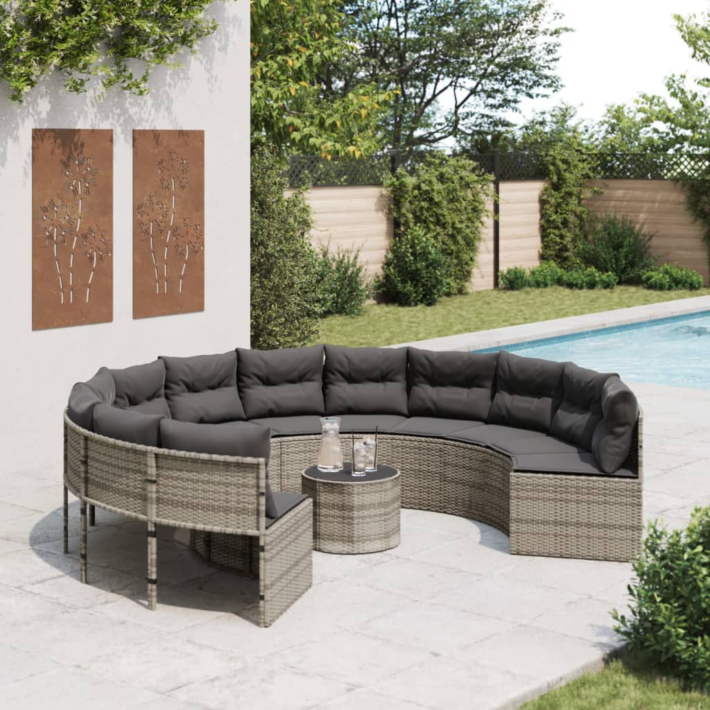 Tuinbank met tafel en kussens rond poly rattan grijs is nu te koop bij PeponiXL, paradijselijk wonen!