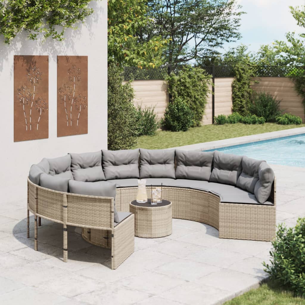 Tuinbank met tafel en kussens rond poly rattan beige is nu te koop bij PeponiXL, paradijselijk wonen!