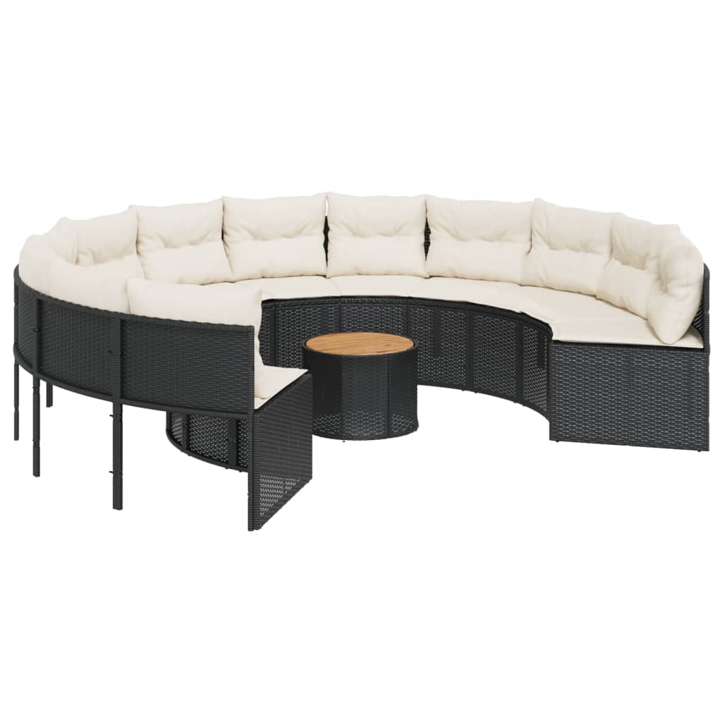 Tuinbank met tafel en kussens rond poly rattan zwart is nu te koop bij PeponiXL, paradijselijk wonen!