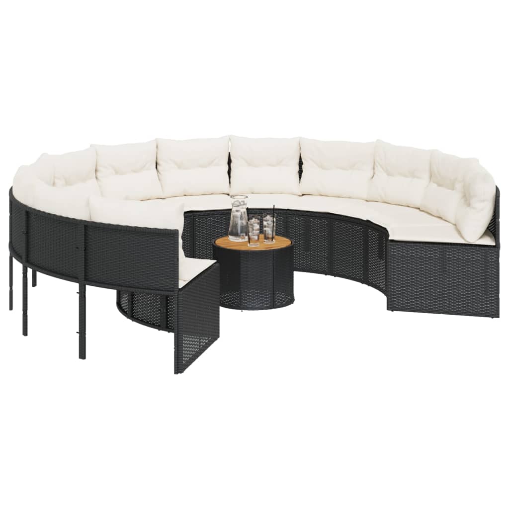Tuinbank met tafel en kussens rond poly rattan zwart is nu te koop bij PeponiXL, paradijselijk wonen!