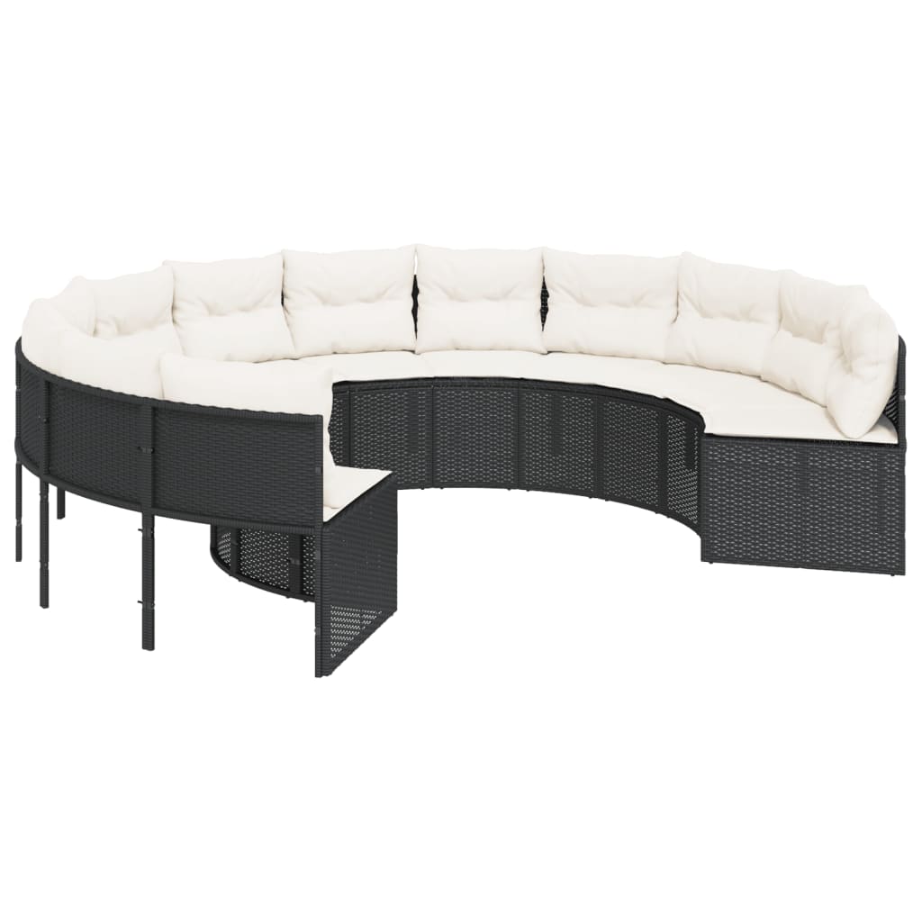 Tuinbank met tafel en kussens rond poly rattan zwart is nu te koop bij PeponiXL, paradijselijk wonen!