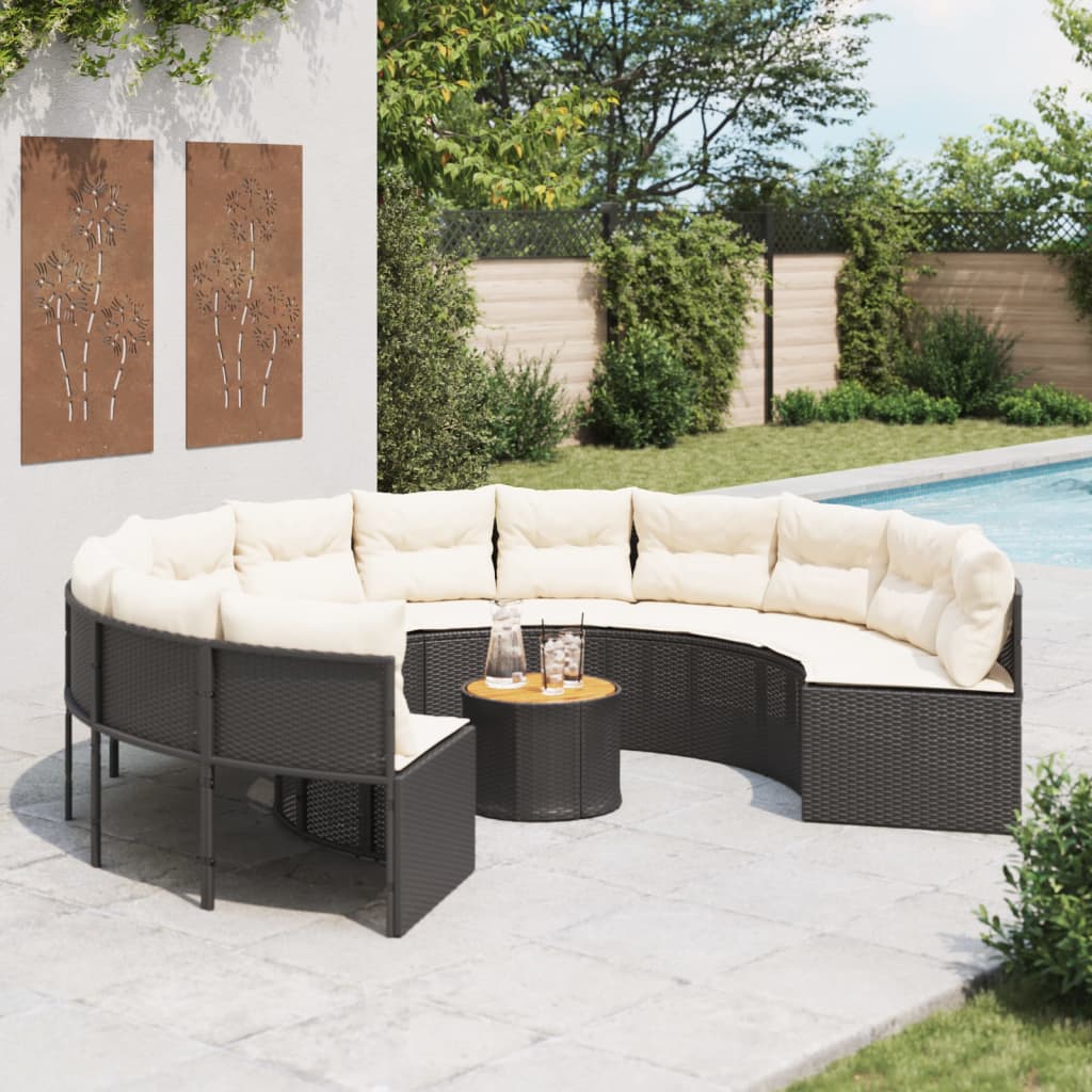 Tuinbank met tafel en kussens rond poly rattan zwart is nu te koop bij PeponiXL, paradijselijk wonen!
