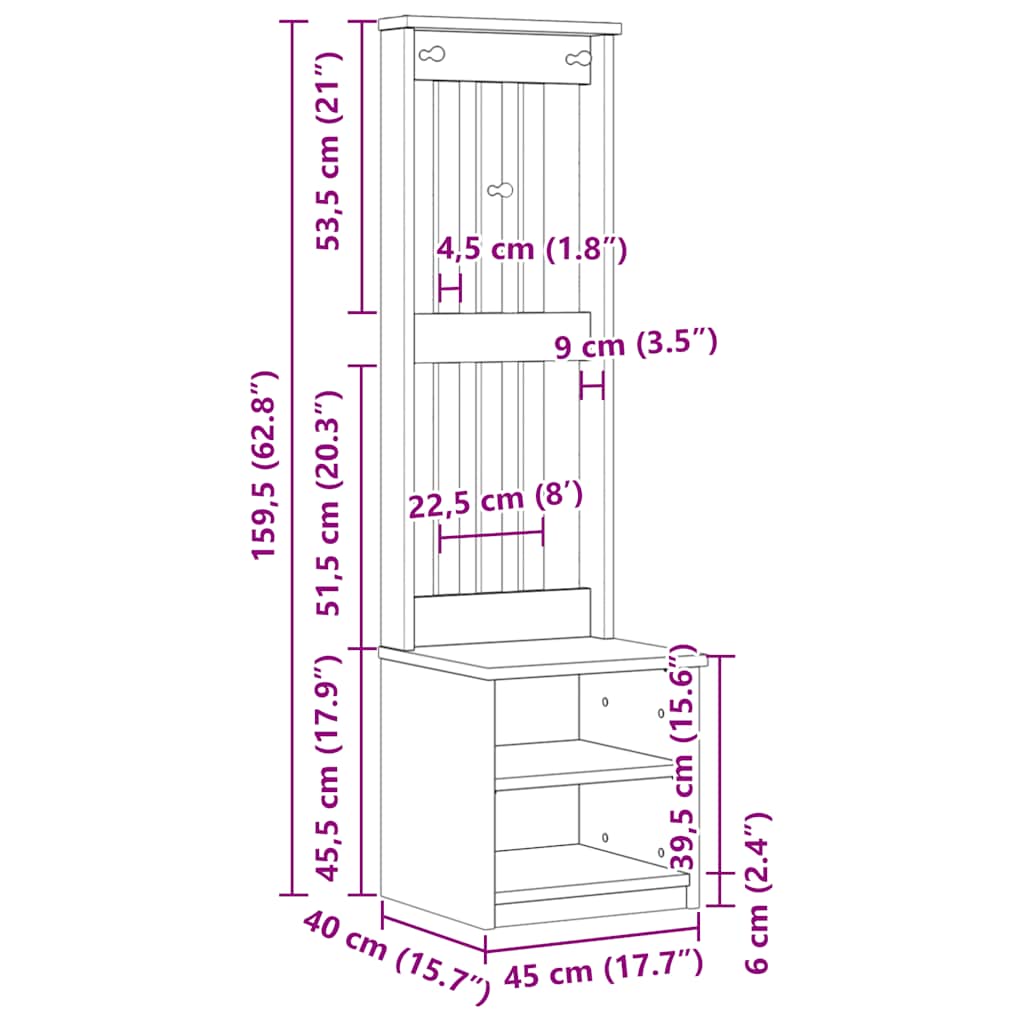 Kapstok SANDNES 45x40x159,5 cm massief grenenhout is nu te koop bij PeponiXL, paradijselijk wonen!