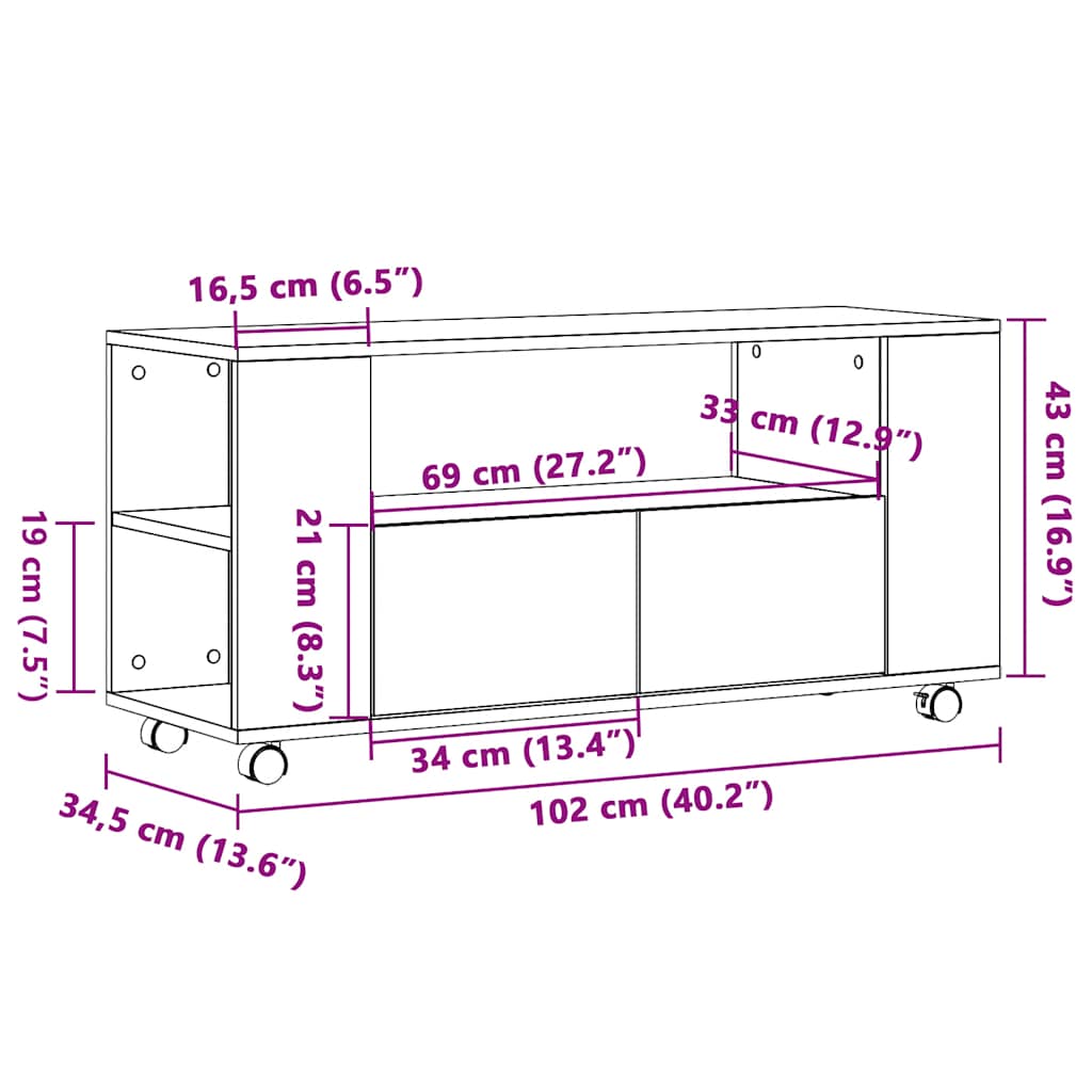 Tv-meubel met wielen 102x34,5x43 cm bewerkt hout oud hout is nu te koop bij PeponiXL, paradijselijk wonen!