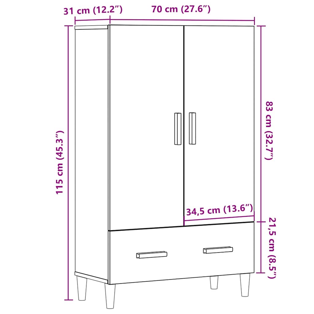 Hoge kast 70x31x115 cm bewerkt hout artisanaal eikenkleur is nu te koop bij PeponiXL, paradijselijk wonen!