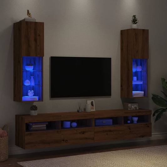 Tv-meubels met LED's 2 st 30,5x30x102 cm artisanaal eiken is nu te koop bij PeponiXL, paradijselijk wonen!