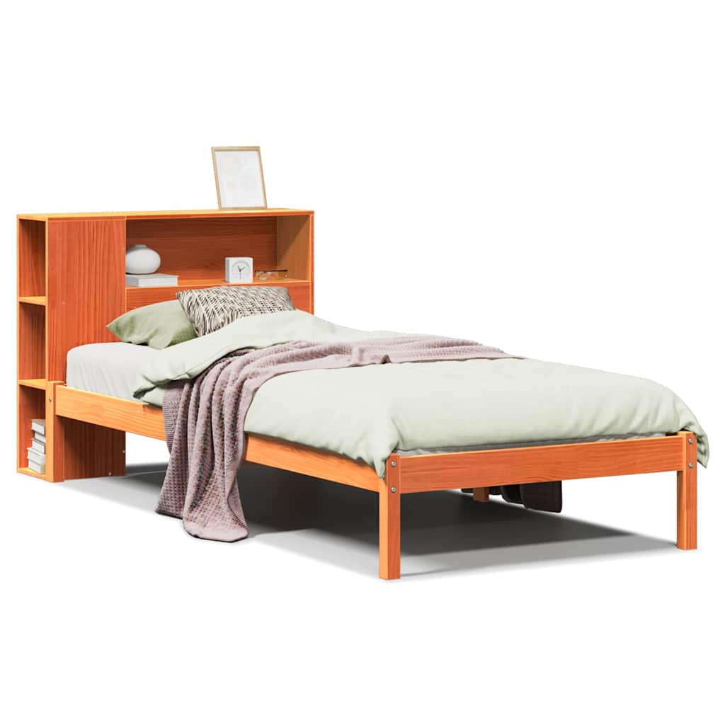 Bed met boekenkast zonder matras grenenhout wasbruin 75x190 cm