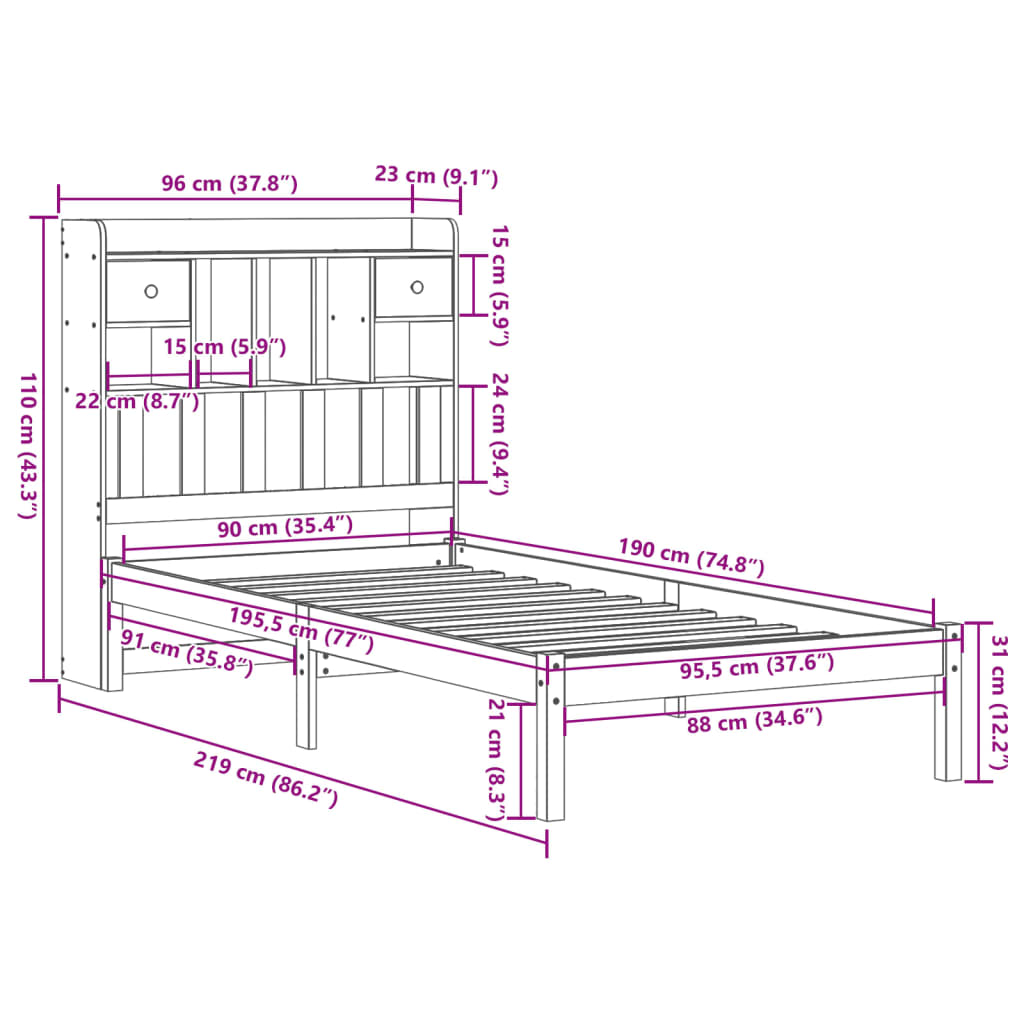Bed met boekenkast zonder matras grenenhout wit 90x190 cm is nu te koop bij PeponiXL, paradijselijk wonen!